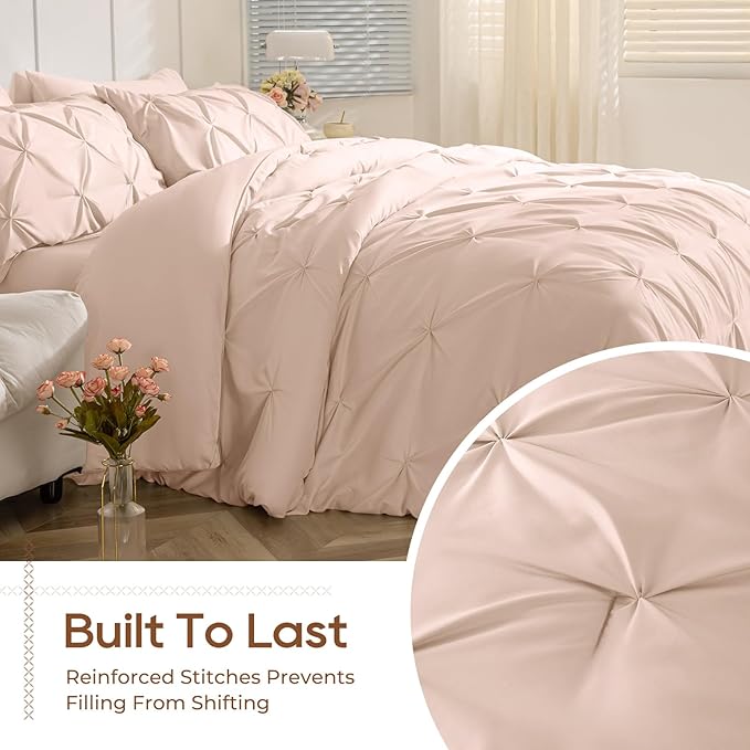 Sasttie California King Comforter Set, 7-Piece Bed in a Bag, Pintuck Bedding Sets for All Season, Includes Comforter, Flat Sheet, Fitted Sheet, Pillowcases and Pillowshams, Blush Pink