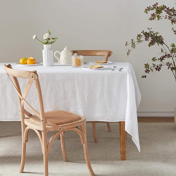 TOSMO 100% French Linen Tablecloth, Washable Farmhouse Rectangle Table Cloth for Kitchen, Dining, Party, Cocktail, Indoor and Outdoor Daily Use(52''x70'',White)