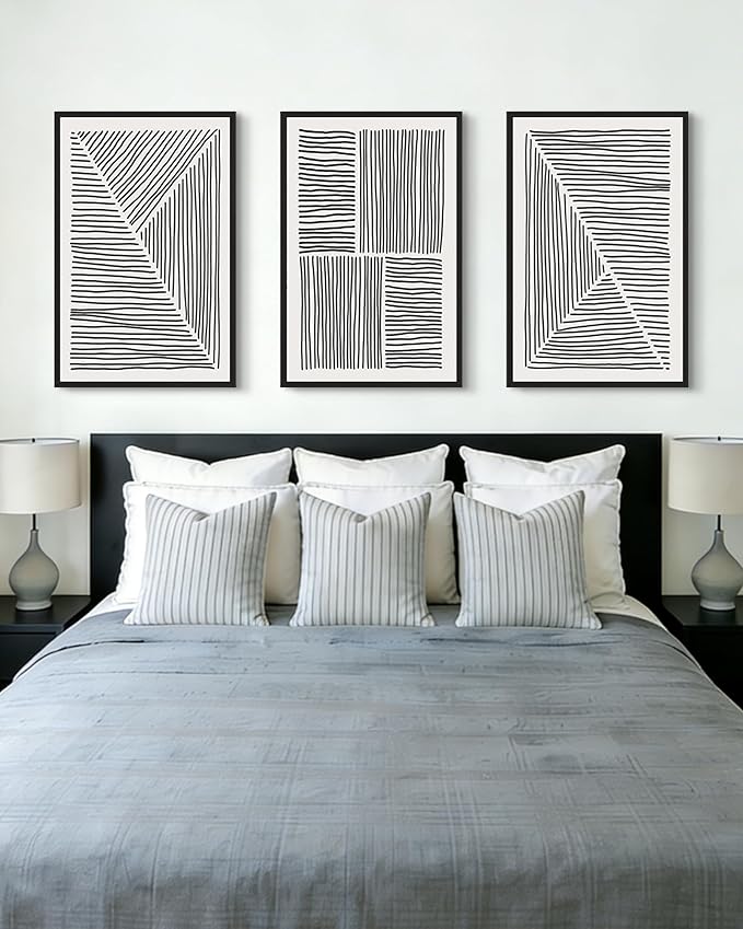 Drsoum Mid-Century Modern Framed Wall Art Large 24x36in Minimalist Abstract Boho Black Line Wall Decor Geometric Artwork Kitchen Dining Room Black Framed