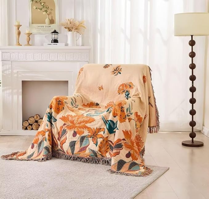 Boho Throw Blanket for Bed 100% Cotton Bohemian Blankets Ultra Soft Woven Muslin Decorative Blankets All Seasons Vintage Quilt Knitted Blanket for Sofa Chair(Orange, 80"x90")