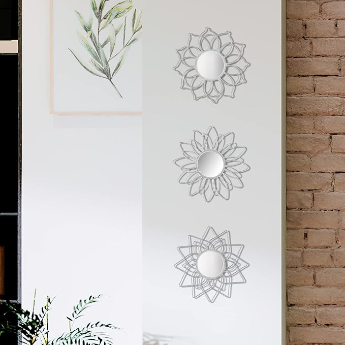 Silver Mirrors for Wall, 9 inch Metal Flower Mirrors Home Valentine Decoration, Valentine Wall Art Decorative Mirror Small Mirror for Living Room Bedroom, Entrance Set of 3