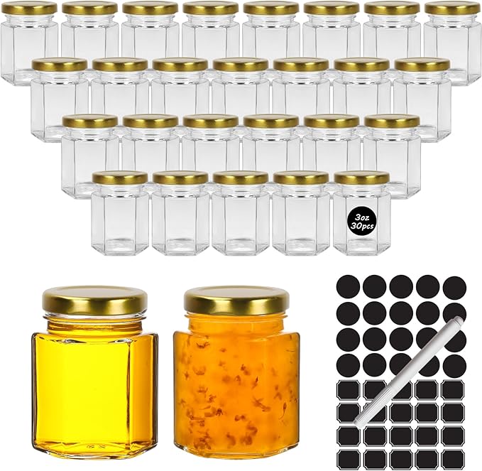 3 oz Honey Jars,30 Pack Hexagonal Glass Jars with Gold Lids,90ml Small Canning Jar Mini Storage Glass Jars for Jams,Fruits,Spices,Nuts,Jellies,Baby Foods
