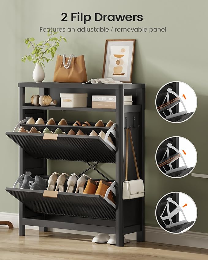 AOGLLATI Shoe Cabinet Storage,Narrow Fluted Shoe Rack Cabinet with 2 Flip Drawers, Wooden Freestanding Organizer with Open Storage Space for Entryway,Black