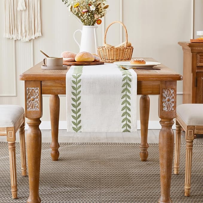 Wracra Embroidered Table Runner Irregular Willow Leaf Table Runners 60 Inches Long for Dresser Home Dining Table Decor,14 x 60 Inch, Light Sage Green