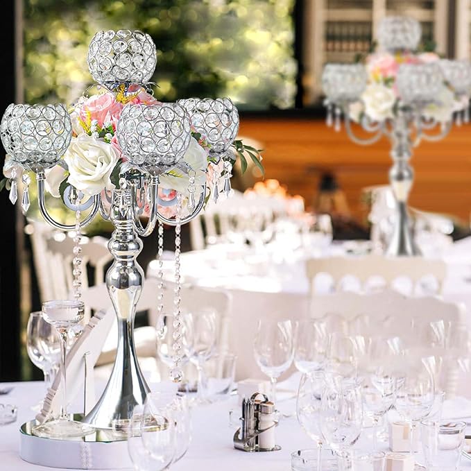 Set of 4 Candlesticks 5 Arm Crystal Strap Pendant Silver Table Decor Candelabra, 22.5 inches Elegant Dining Room Centerpieces for Holiday Parties Weddings (4, Silver)