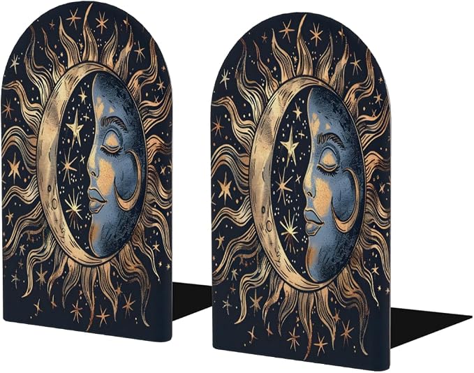 Galaxy Black Sun Moon 2Pcs Book Ends for Shelves Non-Skid Wood Bookends Decorative Back to School Books Holders Book Stoppers Bookshelf Accessories for Desk Home Office School Decor (1 Pair)