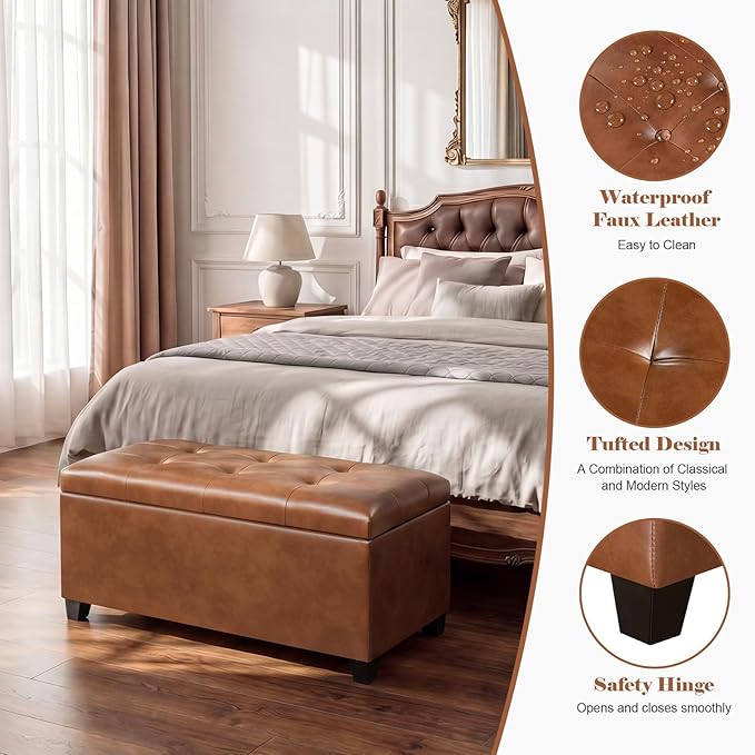 Homebeez 30" Faux Leather Storage Ottoman, End of Bed Bench, Upholstered Ottoman with Storage Bench for Living Room,Bedroom,Entryway