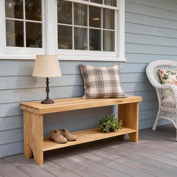 43" Solid Wood Farmhouse Bench, Entryway Bench with Storage Shelf, Narrow Rustic Indoor Bench for Bedroom, Entryway, Hallway, Dining
