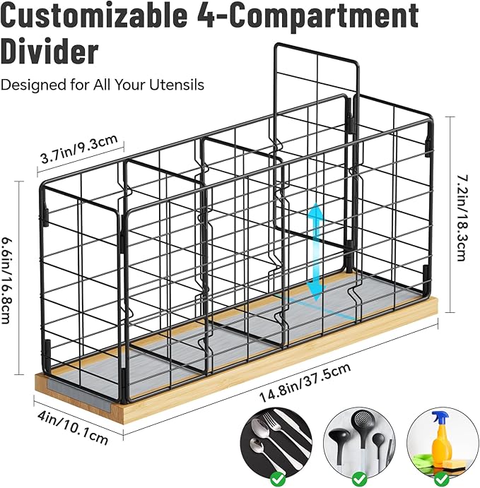 NiHome Metal Kitchen Utensil Holder with Diatomaceous Earth Base, Fast Drying & Odor Control, Large 4-Compartment Utensil Caddy for Spatulas, Tongs, Whisks, Rustproof Organizer with No Scratch Bottom