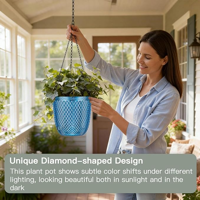 QCQHDU Hanging Planters for Indoor Plants, 2-Pack, 7.2 Inch, Klein Blue | Plastic, Self Watering Plant Hanger, with Drainage Holes, 3 Hooks Chains, For Garden Home
