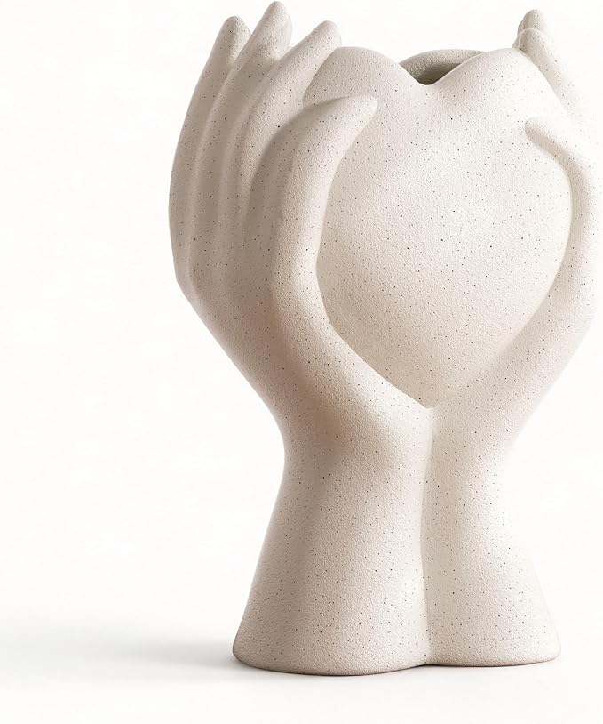8 Inch Heart Hand White Ceramic Vase - Unique Modern Aesthetic Flowers Vase for Living Room Bedroom Office Kitchen Table Centerpiece or Shelf Decor (Cream White)