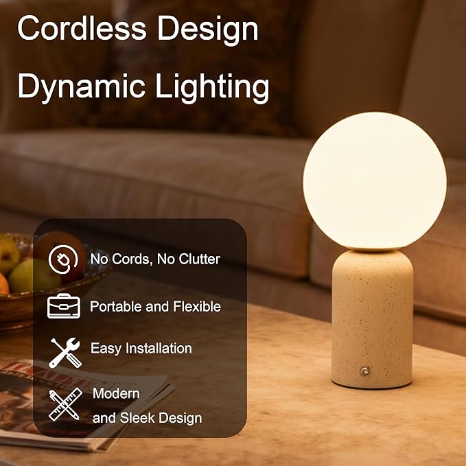 10.6 inch Mushroom Lamp, Cute Cordless Rechargeable Table Lamp with Glass Shade, 3 Color Temps LED Dimmable Ambient Lighting, Small Retro Touch Bedside Light for Decor, Resin Base.