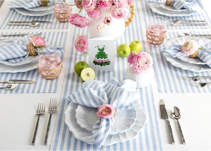 Solino Home Linen Table Runner 72 Inches Long - Amalfi Stripe, 100% Pure Linen Sky Blue and White Table Runner 14 x 72 Inch for Dining, Dresser, Summer
