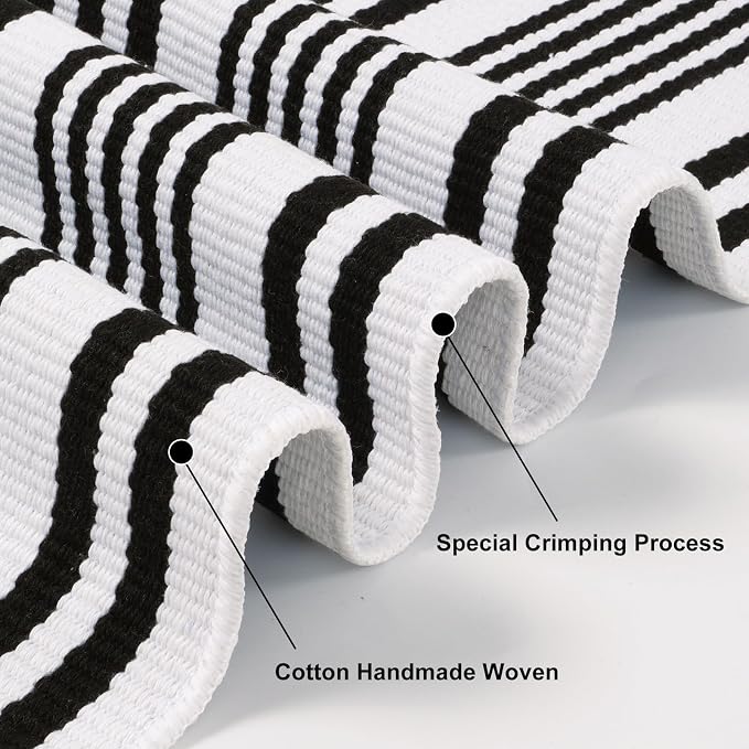 Black and White Striped Rug 2.3'x3.6', Reversible Outdoor Front Door Rug Hand Woven Washable Welcome Mat, Layered Doormat for Entryway Porch Decor Home Entrance
