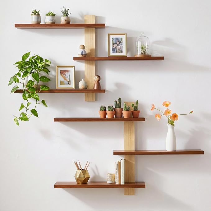 Pinkunn 2 Pack Wood 3 Tier Floating Shelf Large Minimalist Wall Shelves Mid Century Modern Furniture Wall Mount Shelf Art Decor Rustic Shelving for Bedroom Living Room Office Home(Natural Wood)