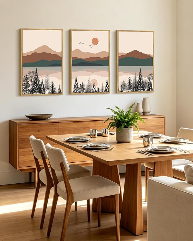 PHOPAGO Mountain Laker Landscape Framed Wall Art Large 16x24in Boho Nature Artwork Paints Bohemain Farmhouse Rustic Living Room Bedroom Decor - Natural Framed