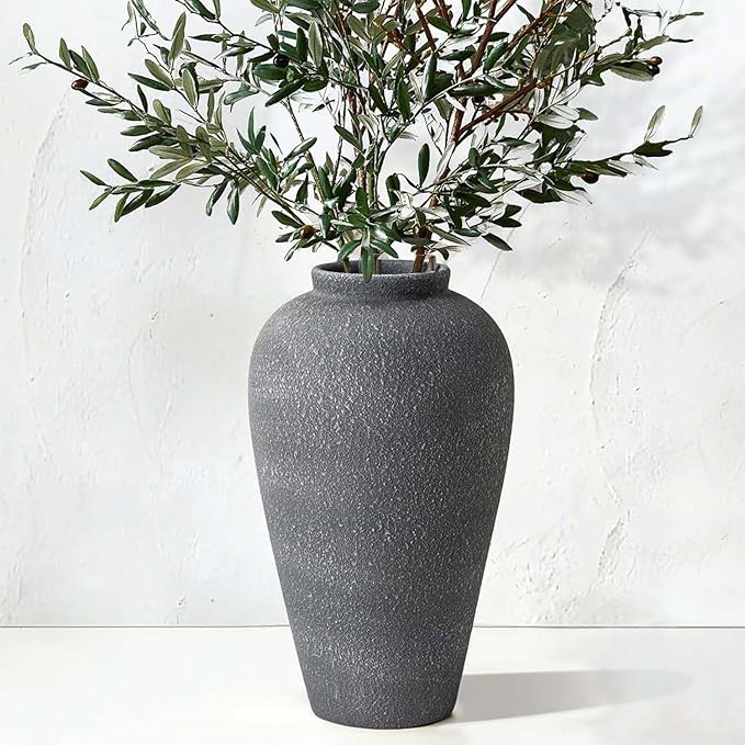 Large Ceramic Flower Vase 11 Inches, YBX Black Rustic Ceramic Vase, Decorative Farmhouse Tall Vase for Home Decor, Living Room, Bedroom, Centerpieces, Console, Wedding, Table Decorations, Black