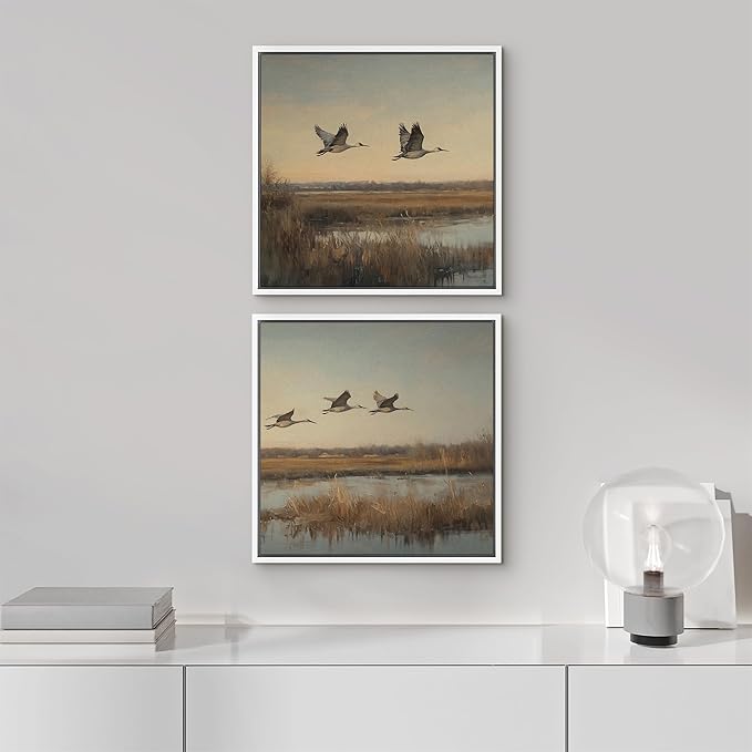 SIGNFORD Framed Canvas Print Wall Art Set Flying Cranes Over Marsh Nature Bird Landscape Illustrations Modern Art Minimal Relax/Calm for Living Room, Bedroom, Office - 16"x16"x2 White