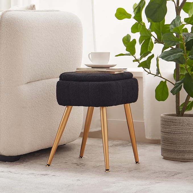 Updated Vanity Chair, Storage Ottoman with Folding Back & Gold-Toned Metal Legs, Ottoman Seat with Teddy Velvet for Dressing Room Living Room Bedroom, 15" x 12" Inch