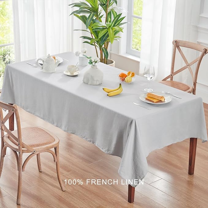 TOSMO 100% French Linen Tablecloth, Washable Farmhouse Rectangle Table Cloth for Kitchen, Dining, Party, Cocktail, Indoor and Outdoor Daily Use(60''x84'',Soft Grey)