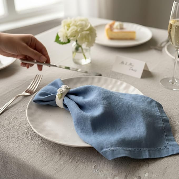 Hemstitched Linen Napkins – 20 Inch x 20 Inch – Stonewashed Pure Linen Cloth Dinner Napkins with Mitered Corners - 100% French Flax – Machine Washable - Set of 4 (Dusty Pastel Blue)