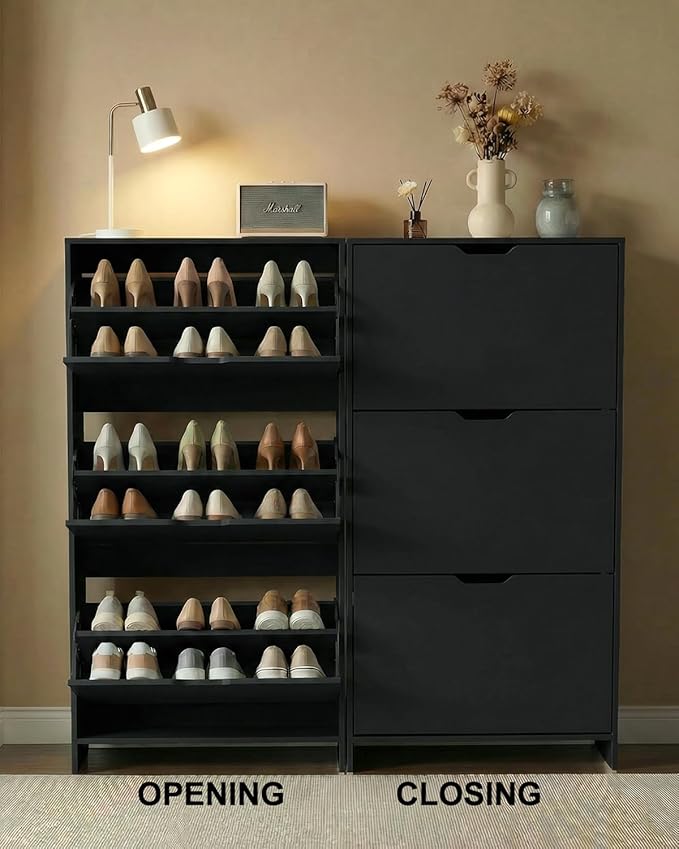 Shoe Cabinet with 3 Flip Drawers, Hidden Wood Shoe Cabinet，Narrow Shoe Rack Cabinet，Freestanding Organizer Storage for Hallway or Hallway, Black