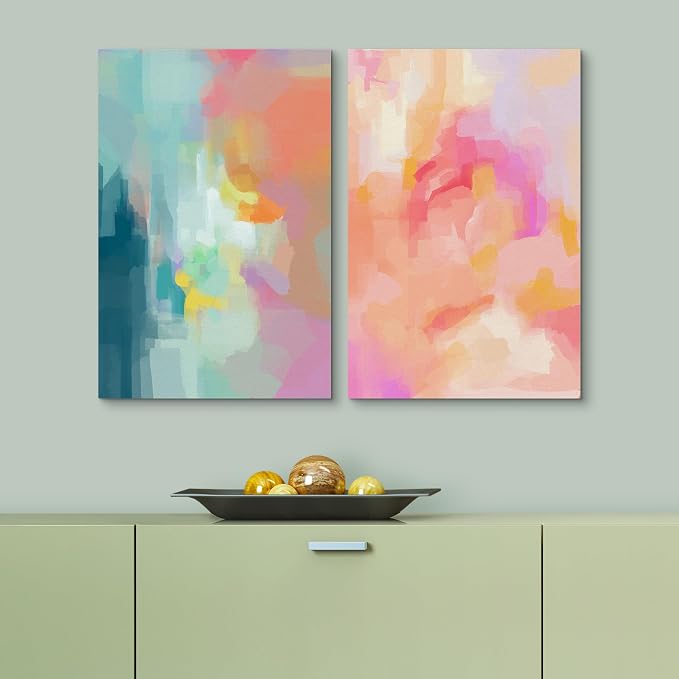 SIGNLEADER Canvas Print Wall Art Set Blue Pink Watercolor Collage Abstract Shapes Digital Art Modern Art Decorative Minimal Relax/Zen for Living Room, Bedroom, Office - 16"x24" x 2