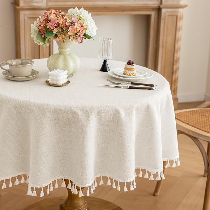 Alsoo Tablecloth Round Table 55" x 55" Linen Look Texture Cotton Tablecloth Waterproof Wrinkle Free Heavy Duty Tables Cover with Tassel for Kitchen Dining Holiday Party, Ivory