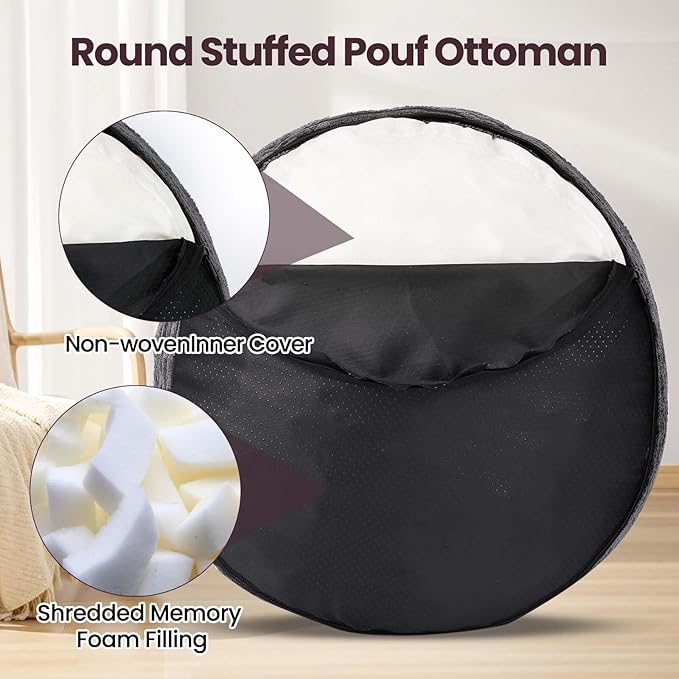 Round Pouf Ottoman Foot Rest with Foam Chunk Filling, Corduroy Ottomans for Living Room Floor Poufs (20"x15",Dark Grey)