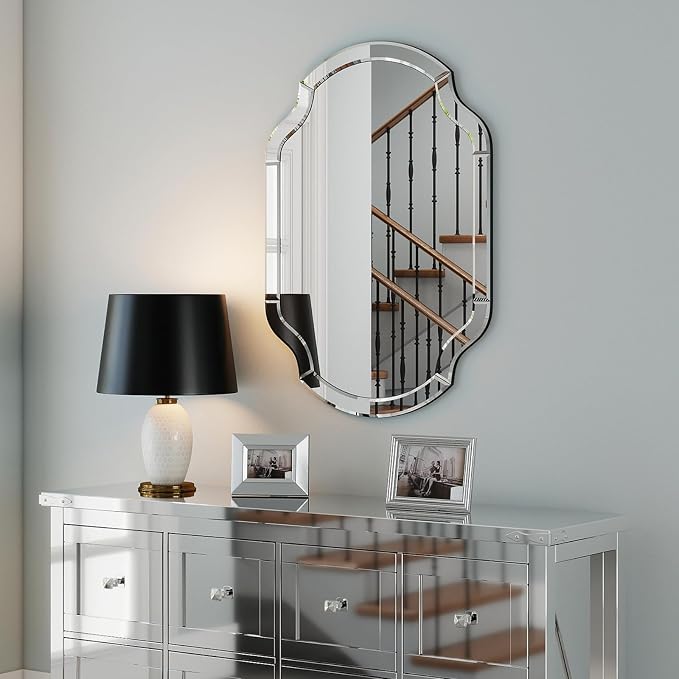47" x 32" Large Wall Mirrors for Living Room, Modern Elegant Decorative Mirror with Beveled Glass Scalloped Corner, Horizontal or Vertical Hanging for Bathroom, Entryway, Dining Room