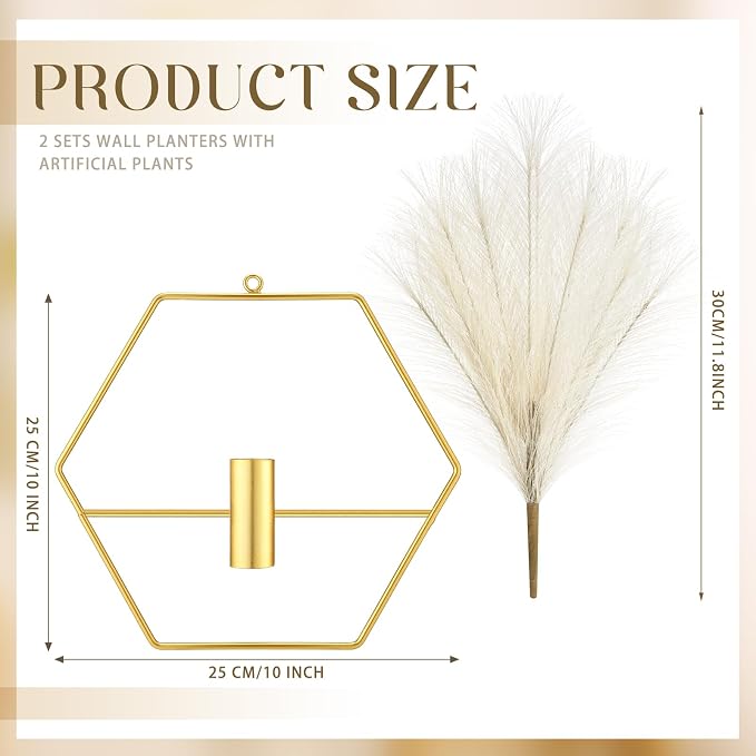 Peryiter 2 Pcs Boho Wall Decor Metal Gold Wall Art Hanging Planters with Artificial Pampas Modern Home Decor Display Art for Living Room Bedroom Bathroom(Hexagon)