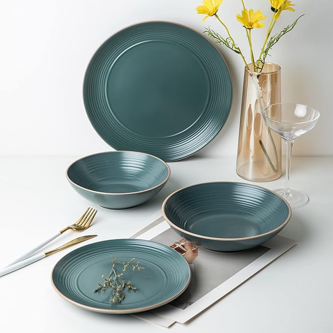 Arora RINGAR Round Stoneware 16pc Dinnerware Set of 4, Dinner Plates, Side Plates, Cereal Bowls, Mugs - Speckle Matte Green (434540)