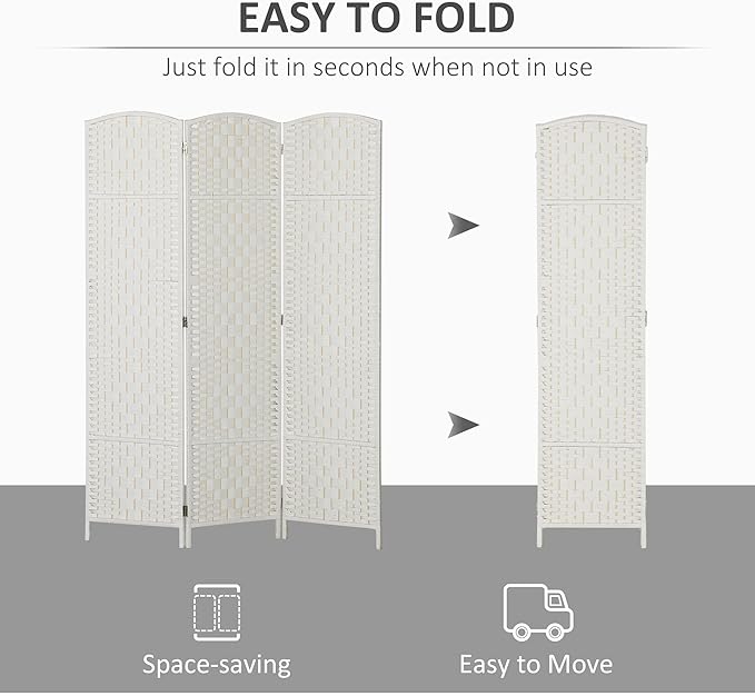 HOMCOM Room Divider 3 Panel, 6FT Tall Folding Privacy Screen, Freestanding Hand-Woven Partition for Room Separation with 360° Hinges, Paper Rope Diamond Weave, White