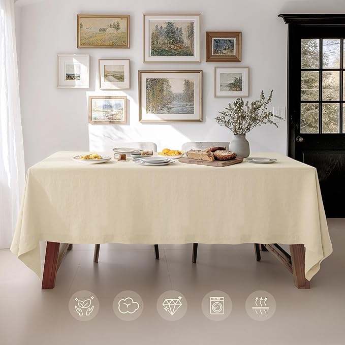 Linen World Linen Tablecloth - 100% French Linen Table Cloth 90" x 90" Inch,Washable Square Tablecloth for Dining,Outdoor,Weddings and Restaurants,Decorative Thanksgiving Christmas,Sand Beige