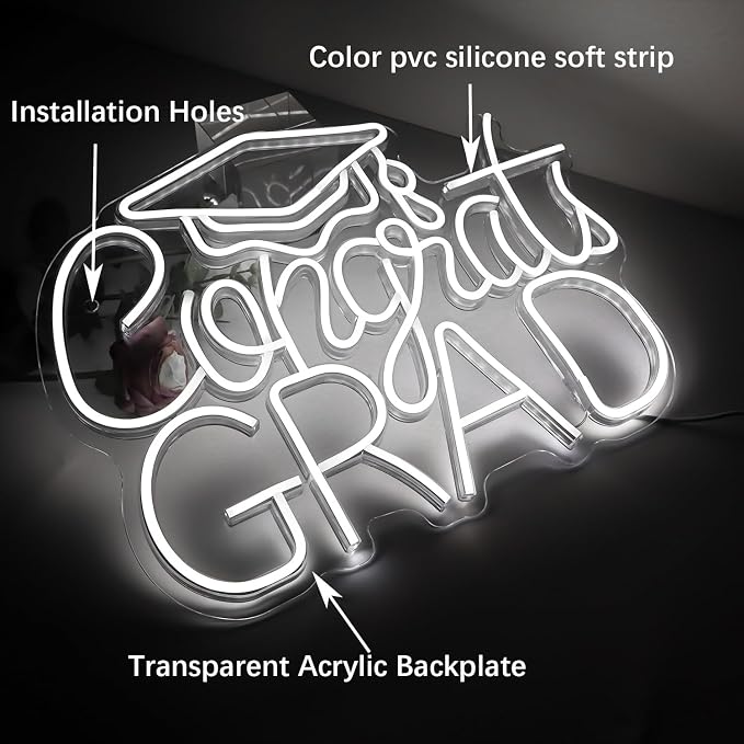 “Congrats Grad” White Neon Sign – 16.5×12.6 in Crisp LED Backdrop for Grad Photos, 6000K Bright Light, Dimmable with Wired Dimmer, Includes Wall Anchors – Tech Grad Gift