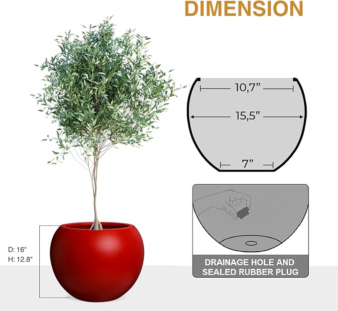 KUTE NEST 12.8"H x 16"D Premium Red Fiberstone Round Planter with Drainage Hole, Chinese & Lunar New Year Home Decor Pot, Smooth Finish, Weather Resistant Indoor & Outdoor, 2 Coco Mats (10.7" Opening)