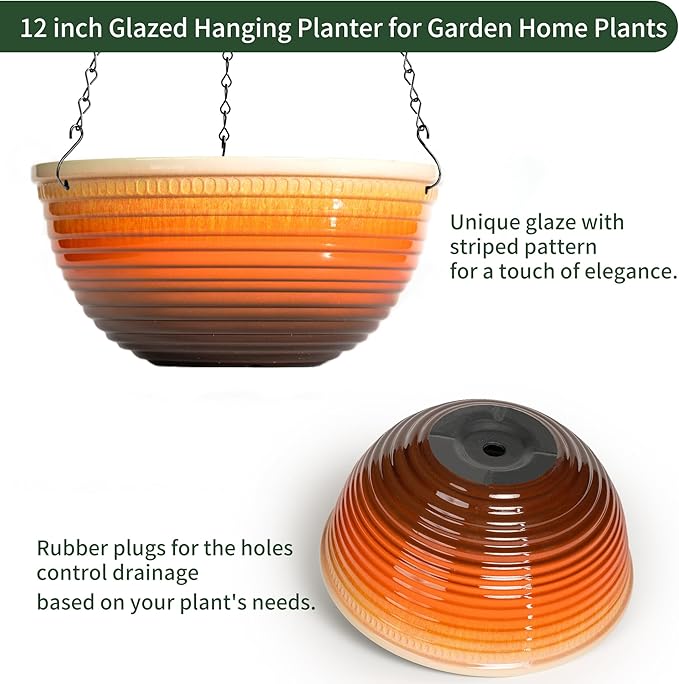 Vanslogreen 12 inch Hanging Planters for Indoor Outdoor Plants, 2 Pack Large Hanging Flower Pots with Drainage Holes and Chain, Glazed Hanging Baskets for Home Garden Decoration, Orange