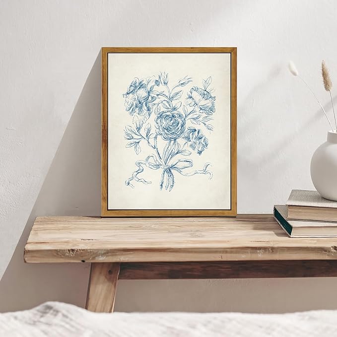 KBKBART Framed Floral Wall Art, Vintage Blue Rose Bouquet Sketch Canvas Oil Painting, Antique Victorian Wall Decor, Minimalist Bedroom Wall Art Aesthetic, Neutral Flower Art Prints for Bedroom Living Room, Gallery, Gifts for Friends or Family(8"x10")