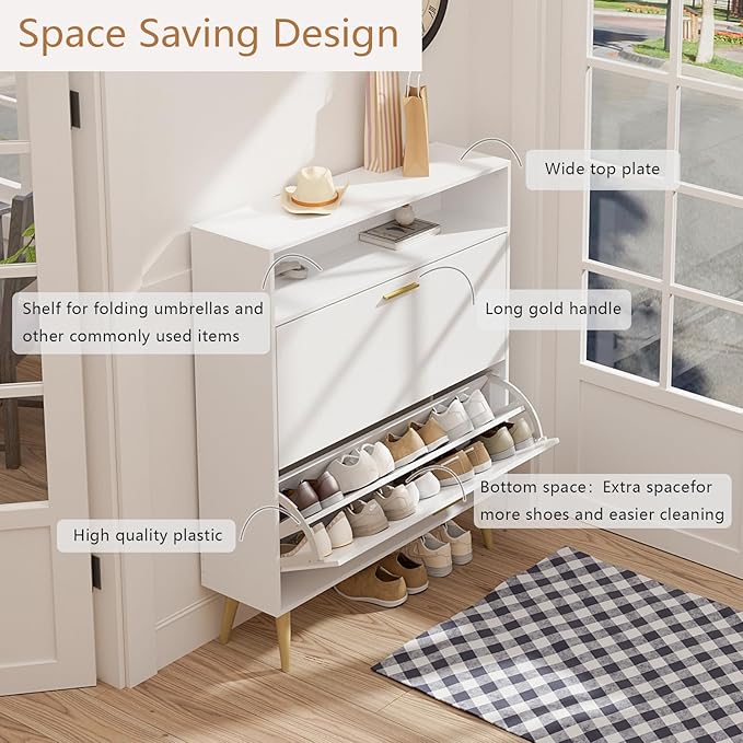 LYNSOM Shoe Cabinet, Free Standing Tipping Bucket Shoe Rack Organizer with 2 Flip Drawers, Modern Entryway Shoe Storage with Top Display, Narrow Slim Hidden Shoe Cabinet (White)