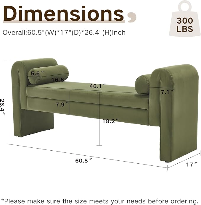 60.5" Velvet Storage Bench, Vintage Upholstered Rolled Armed Button Tufted Stool Bench for Bedroom, Living Room, Entryway, Hallway, Dressing Room (Green)