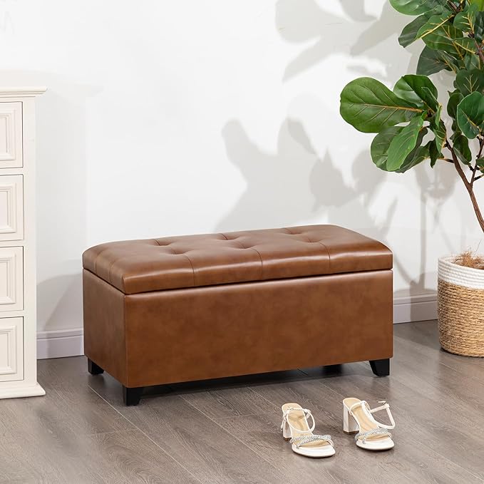 Homebeez 30" Faux Leather Storage Ottoman, End of Bed Bench, Upholstered Ottoman with Storage Bench for Living Room,Bedroom,Entryway