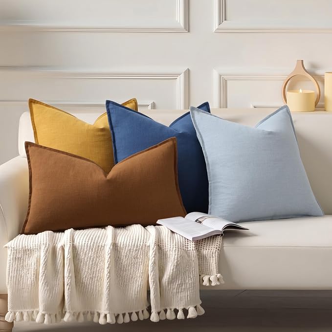 decorUhome Fall Decorative Linen Euro Sham Throw Pillow Covers 26x26 Inch Set of 2 Brick Neutral Pillow Covers with Flange Edges Soft Farmhouse Boho Accent Pillow Cases for Couch Bed Living Room