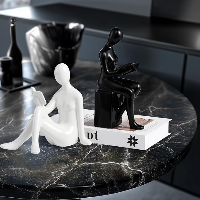 Ceramic Decorative Black and White Bookends Set of 2, Sturdy Stable Non-Slip for Books, Modern Abstract Sculptural Book Ends, Geometric Human Face Aesthetic Shelf Decor for Home Office Library