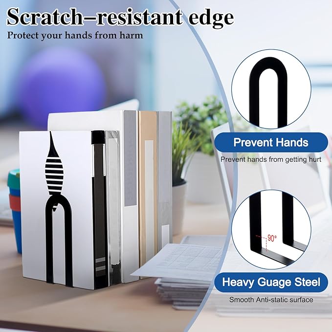Chunful 6 Pcs Modern Metal Book Ends for Shelves Decorative Small Bookends Book Shelf Organizer Minimalist Design Stopper to Hold Books for Office