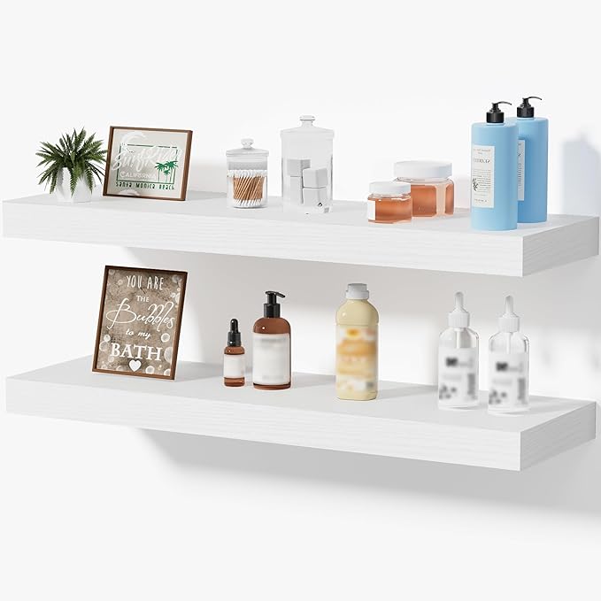 Floating Shelves White, Wall Mounted Wooden Shelves for Bathroom Over Toilet, Bedroom, Living Room, Kitchen & Office, Hanging Shelf for Storage & Decor Display, Set of 2, 24"x7"x1.5"