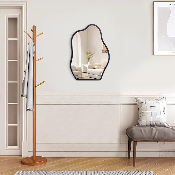Irregular Asymmetrical Mirror Small Wooden Framed Wall Mirror Modern Cloud Hanging Artistic Mirror Decor for Bathroom Vanity Bedroom Living Room Entryway Hallway 16"x12"