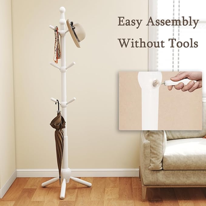 Solid Wood Coat Rack Stand, Morden Heavy Duty Coat Hanger Stand with 9 Hooks, 3 Adjustable Size Sturdy Coat Tree for Living Room, Entryway, Office, Hallway, White