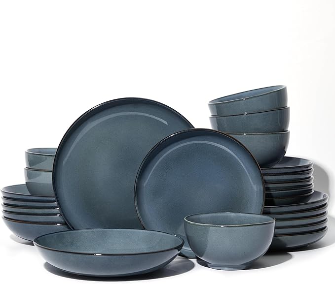Pokini 24 Piece Double Bowl Dinnerware Sets with Pasta Bowls, Highly Chip and Crack Resistant Plates and Bowls Sets, Natural Earthyware Ceramic Dishware Sets, Service for 6 Jeans Blue
