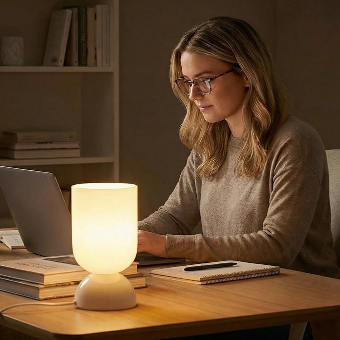 8.9" Modern Glass Table Lamp for Living Room, Dimmable Desk Lamps for Bedroom, UL Listed Nightstand Lamp with Dome Base, End Table Lamps for Home, Side Tables, College Dorm, Office, Glossy White