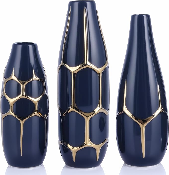 Ceramic Vase Set of 3, Modern Vases for Home Decor, Blue and Gold Color Suitable for Living Room, Kitchen, Bedroom, Bathroom, entryway Mantelpiece, Living Room TV Stand Decoration.